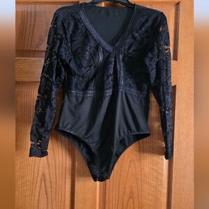 SHEIN Black Lace V-Neck Bodysuit